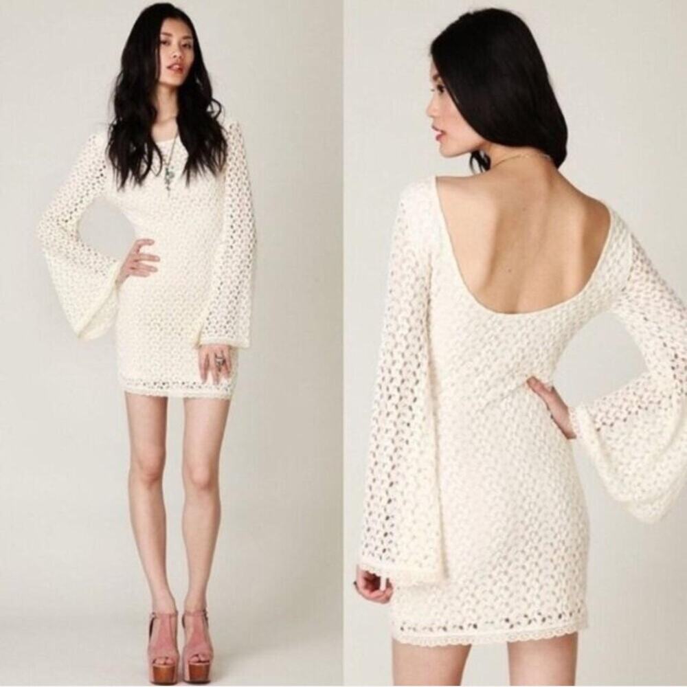 Free People Gypsy Crochet Lace Bell Sleeve Low Back Mini Dress Cream XS